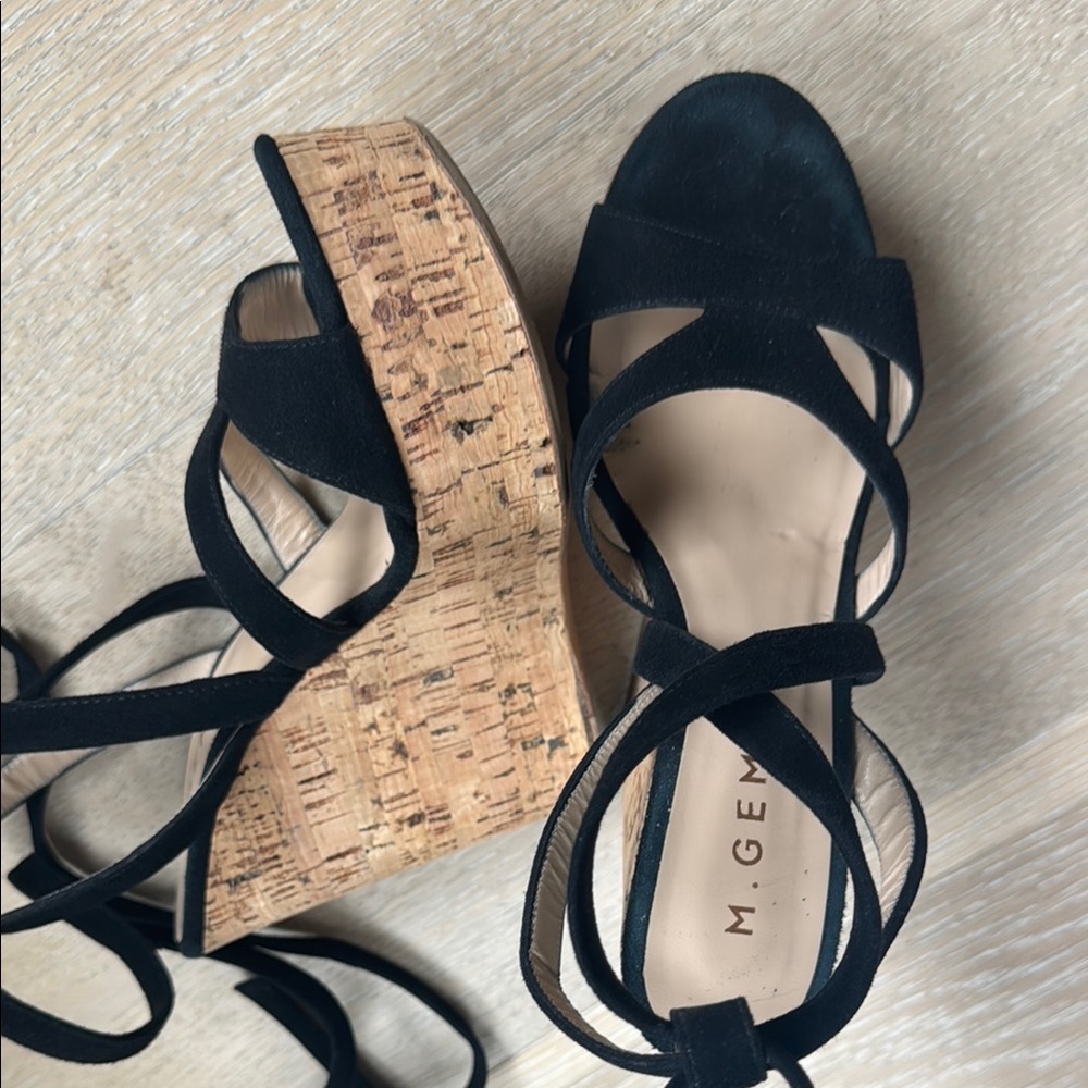 M. Gemi Black Wedge Sandals with Strappy Design